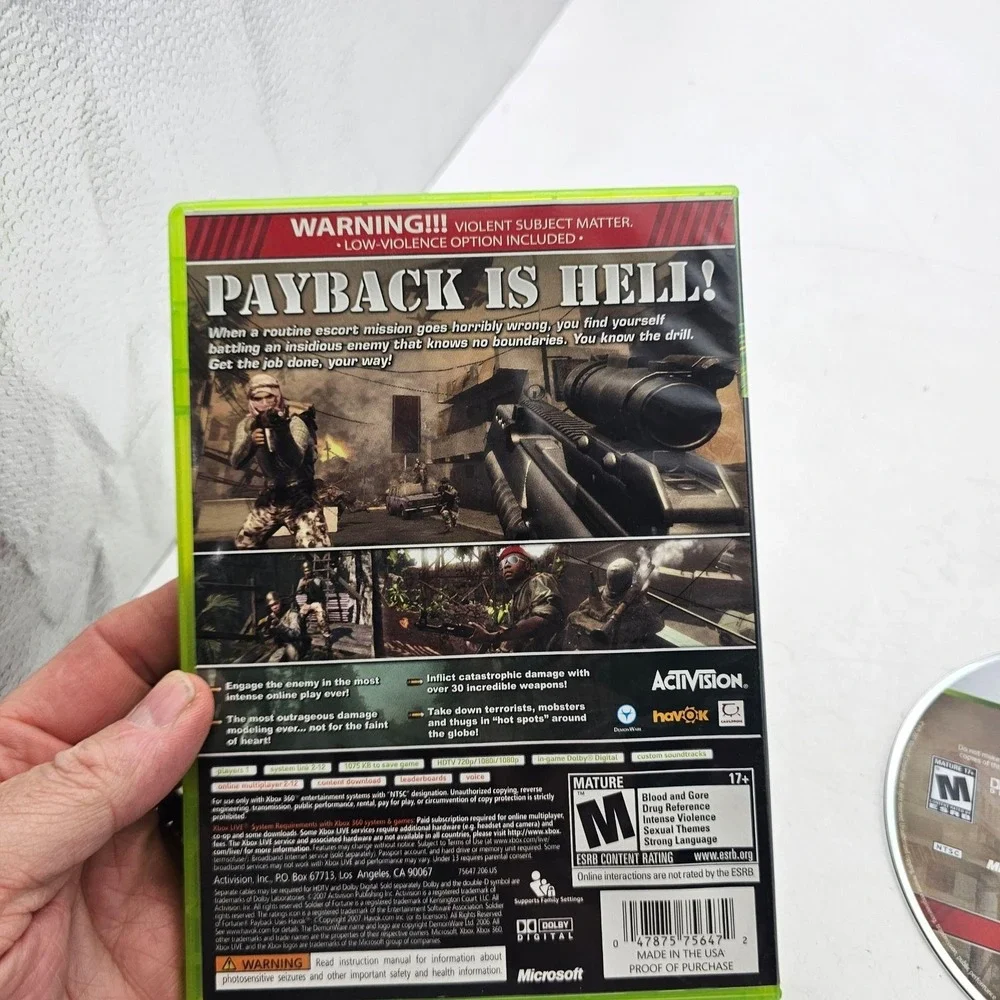 Soldier Of Fortune Payback Xbox 360 Video Game Case Disc Activision M Mature